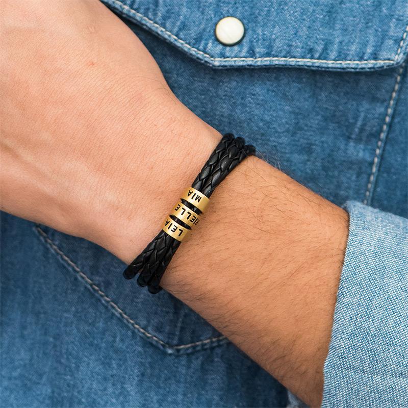 Heren Armband van Zwart Leer – Aanpasbaar met Afwerkingen in Zilver of Goud