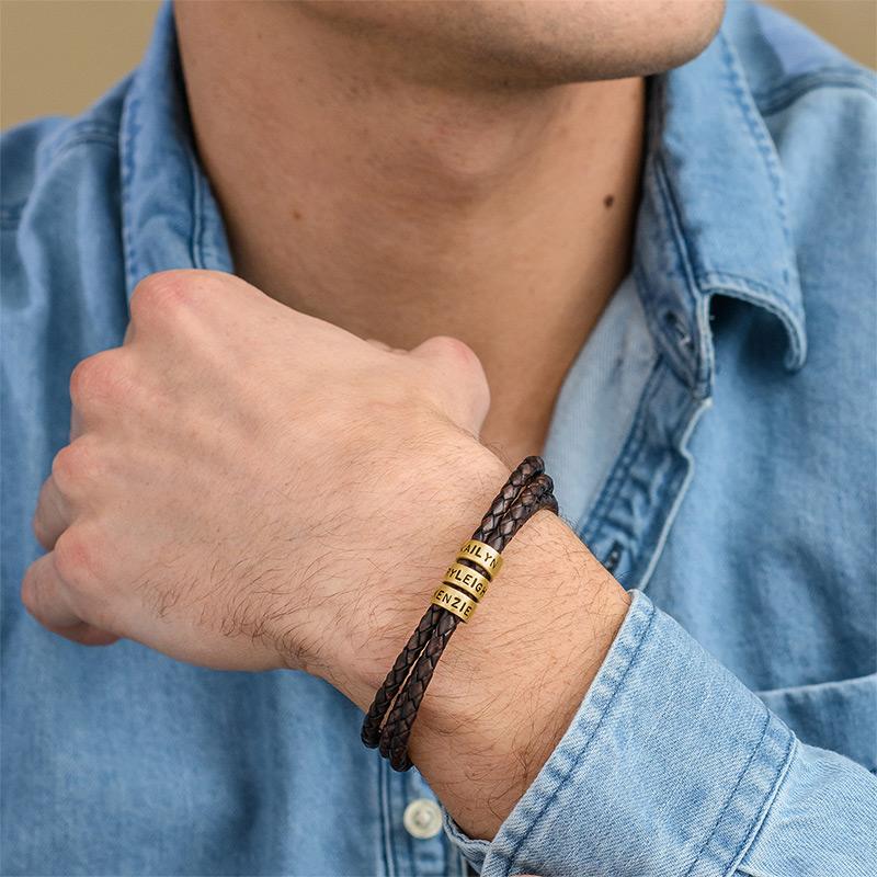 Heren Armband van Zwart Leer – Aanpasbaar met Afwerkingen in Zilver of Goud